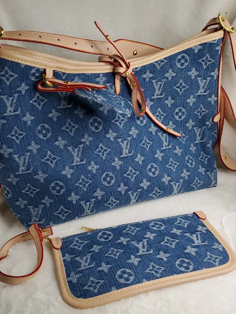 Blue Monogram Denim Shoulder Bag with Beige Trim